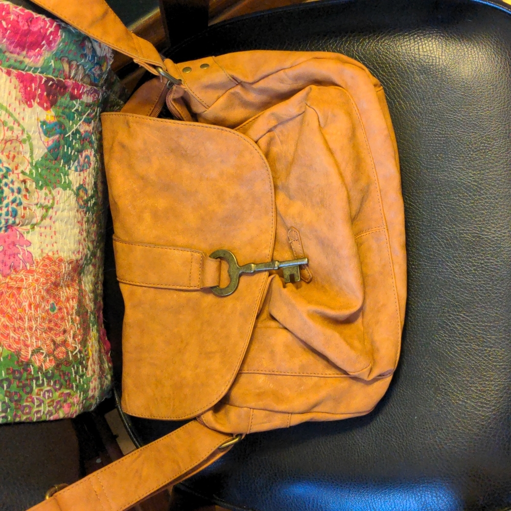 Tan faux leather spacious crossbody purse